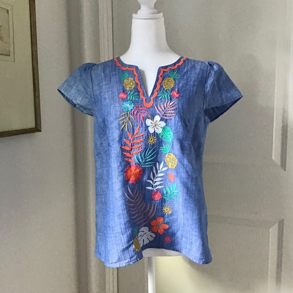 NWOT Talbots Sz S Petite Women’s Chambray Embroidered Linen-Cotten Blend Top
